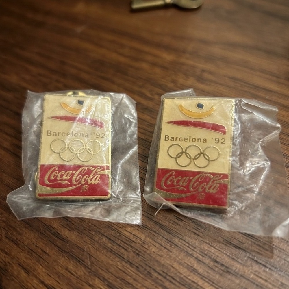Vintage Coca-Cola Barcelona 92 Olympic Games Enamel Lapel Pins Pair Gold Tone